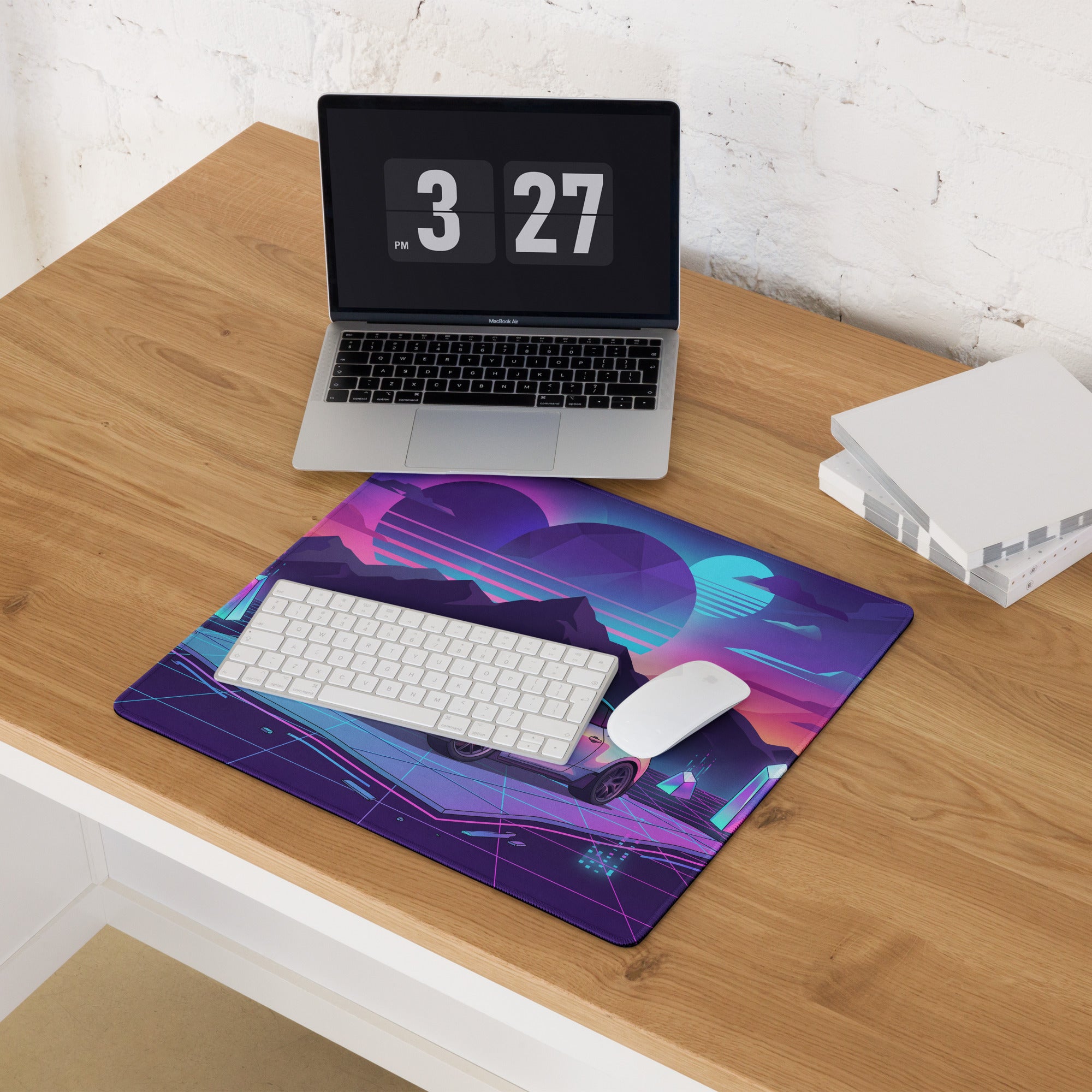 Ford Mustang Dark Horse Inspired Silver Vaporwave Gaming Mouse Pad – Neon Purple Mountain Desk Mat with Retro Futuristic Grid and Crystal Art