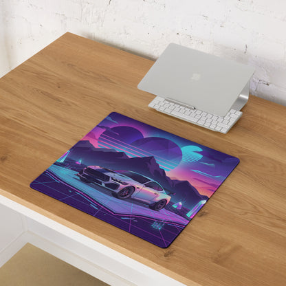 Ford Mustang Dark Horse Inspired Silver Vaporwave Gaming Mouse Pad – Neon Purple Mountain Desk Mat with Retro Futuristic Grid and Crystal Art