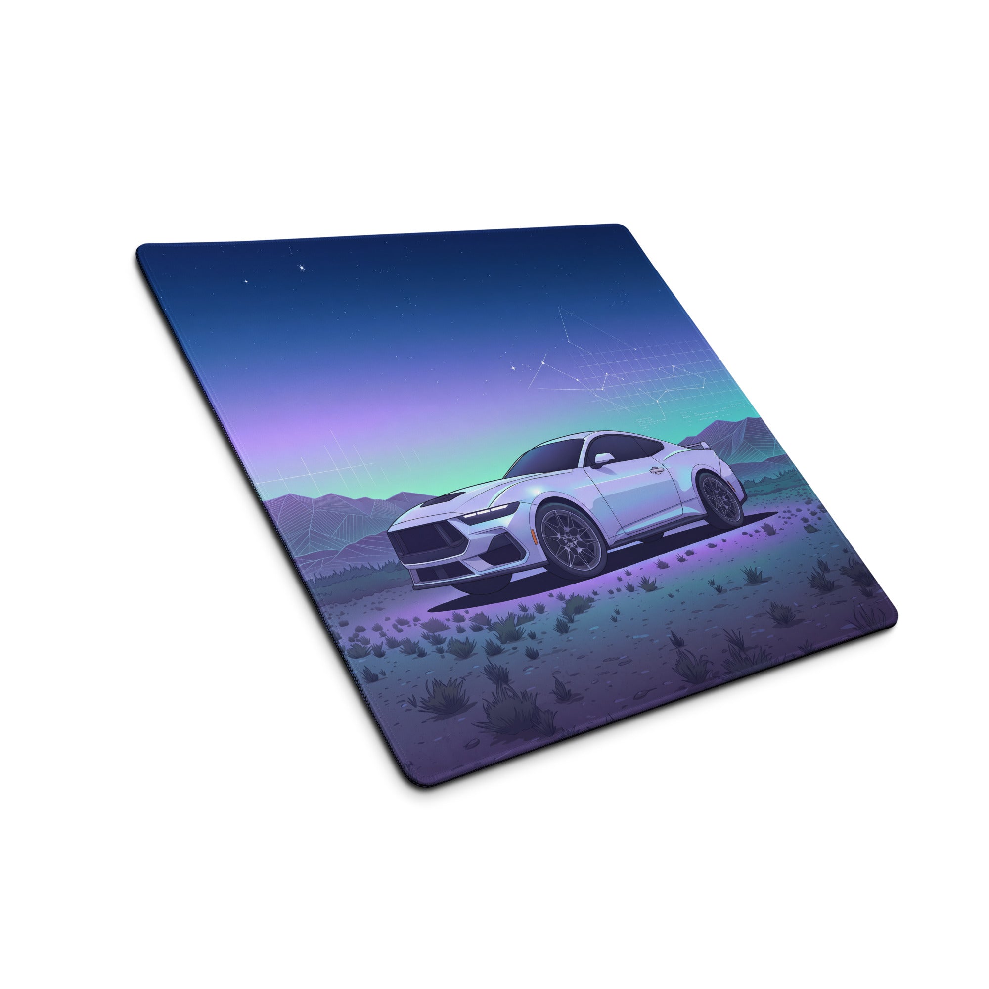 Ford Mustang GT Inspired White Vaporwave Gaming Mouse Pad – Blue Purple Desert Night Desk Mat with Retro Futuristic Mountains and Celestial Art