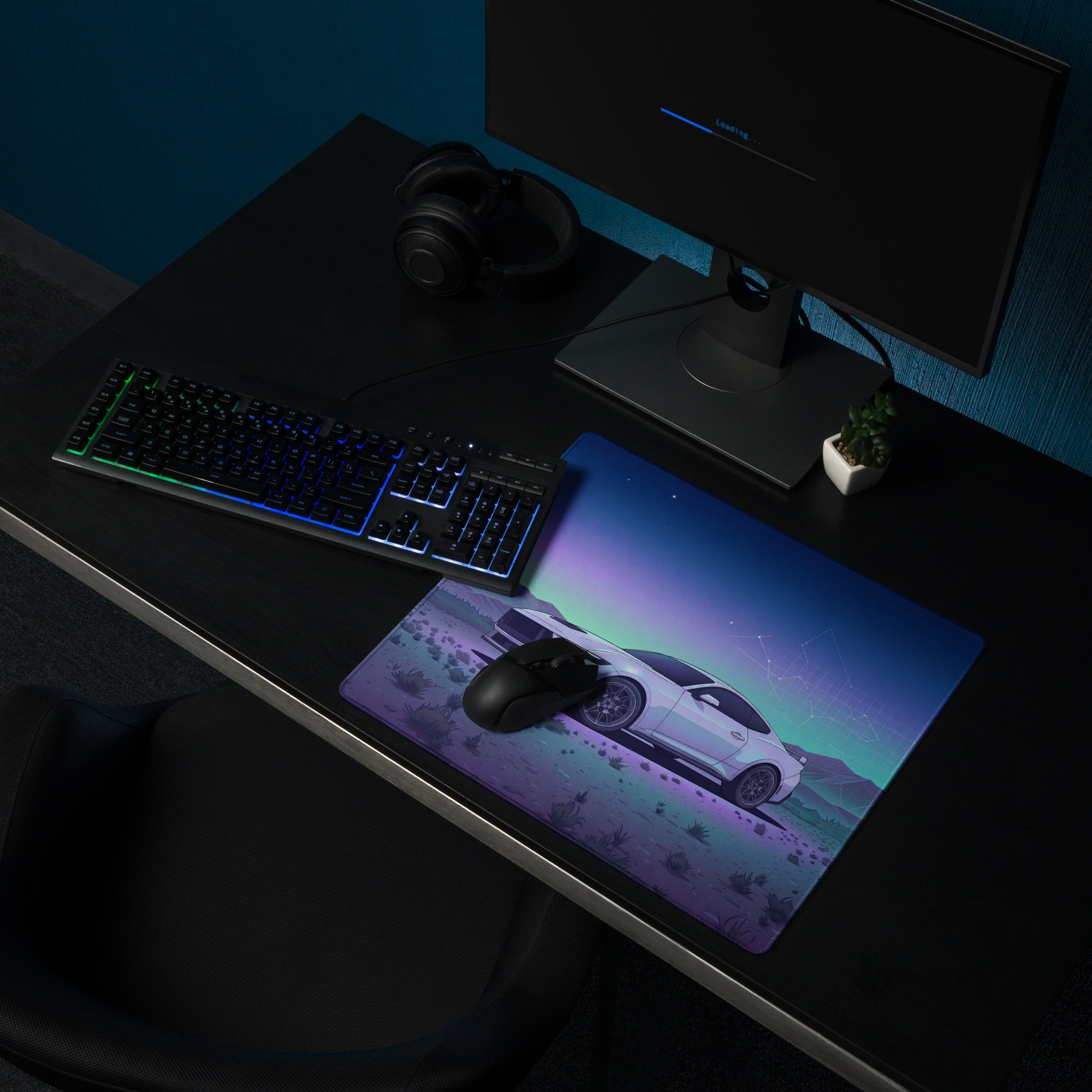 Ford Mustang GT Inspired White Vaporwave Gaming Mouse Pad – Blue Purple Desert Night Desk Mat with Retro Futuristic Mountains and Celestial Art