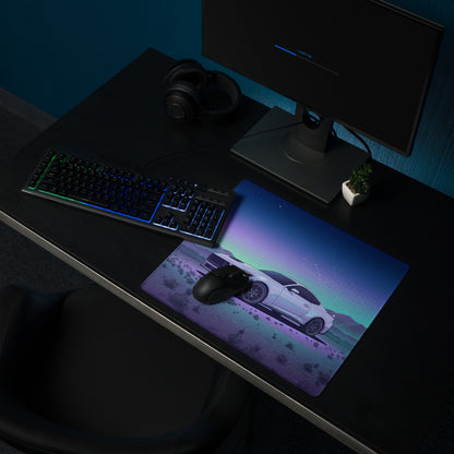 Ford Mustang GT Inspired White Vaporwave Gaming Mouse Pad – Blue Purple Desert Night Desk Mat with Retro Futuristic Mountains and Celestial Art