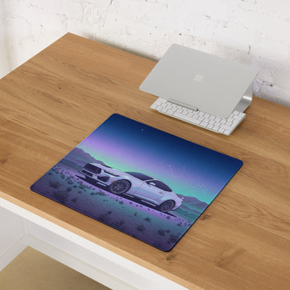 Ford Mustang GT Inspired White Vaporwave Gaming Mouse Pad – Blue Purple Desert Night Desk Mat with Retro Futuristic Mountains and Celestial Art
