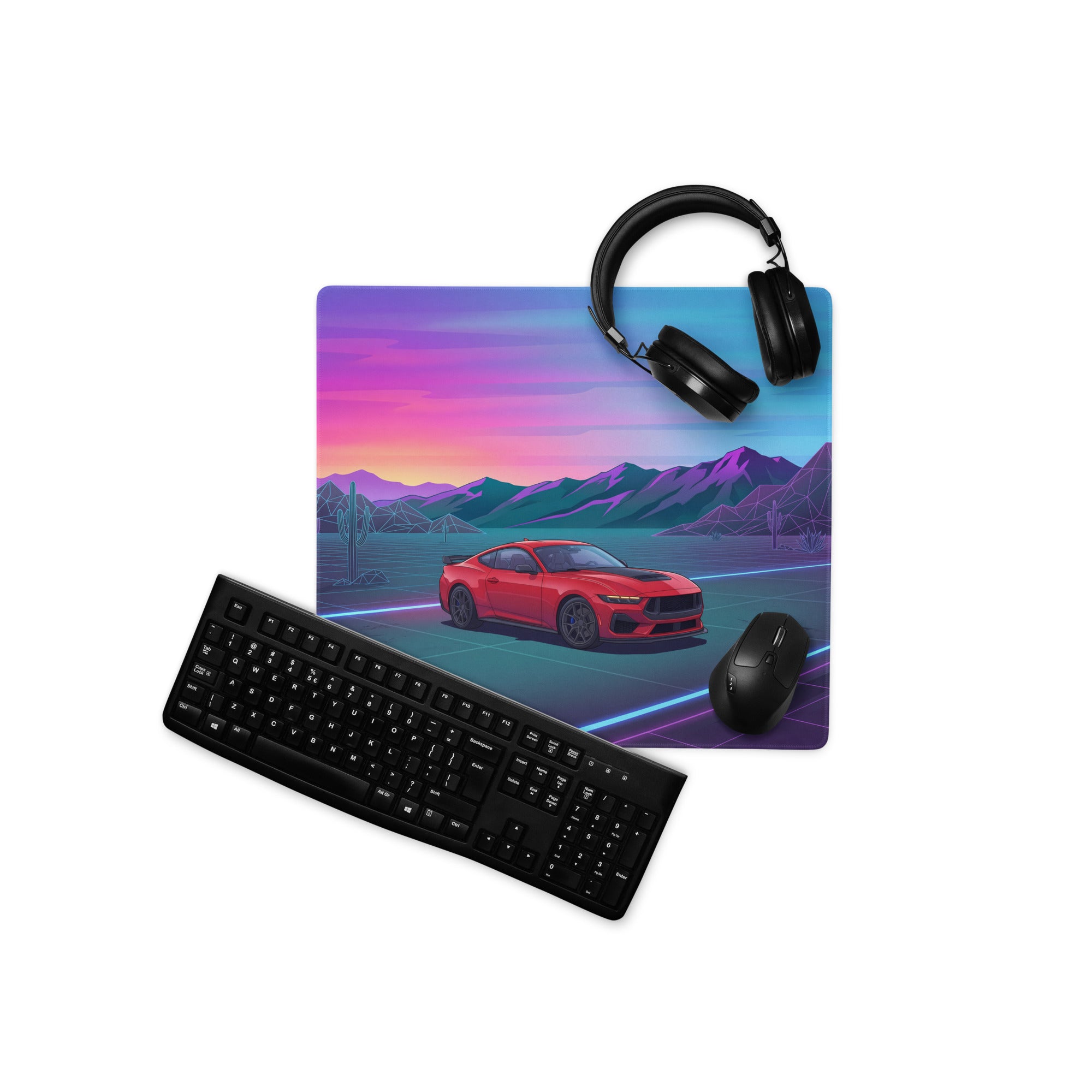 Ford Mustang Dark Horse Inspired Red Vaporwave Gaming Mouse Pad – Neon Blue Desert Highway Desk Mat with Retro Futuristic Mountains and Synthwave Art