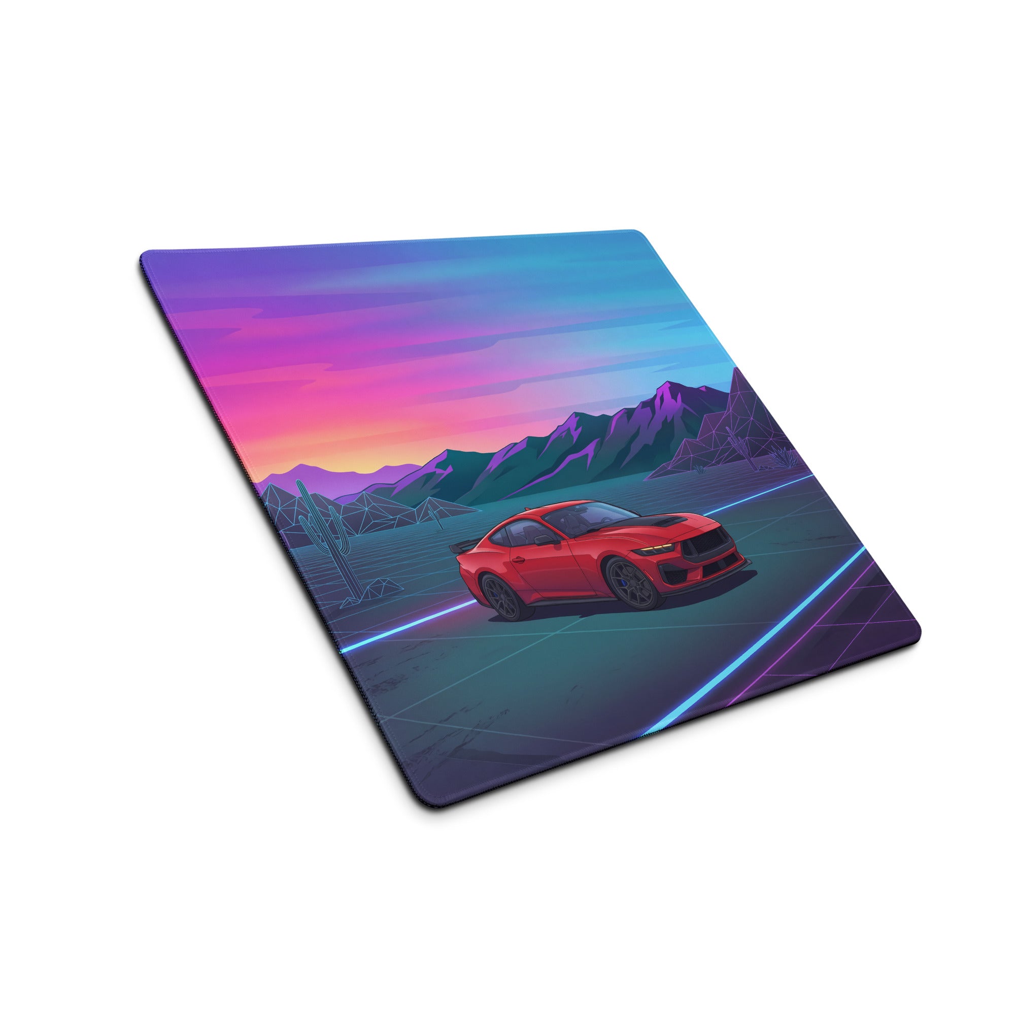 Ford Mustang Dark Horse Inspired Red Vaporwave Gaming Mouse Pad – Neon Blue Desert Highway Desk Mat with Retro Futuristic Mountains and Synthwave Art