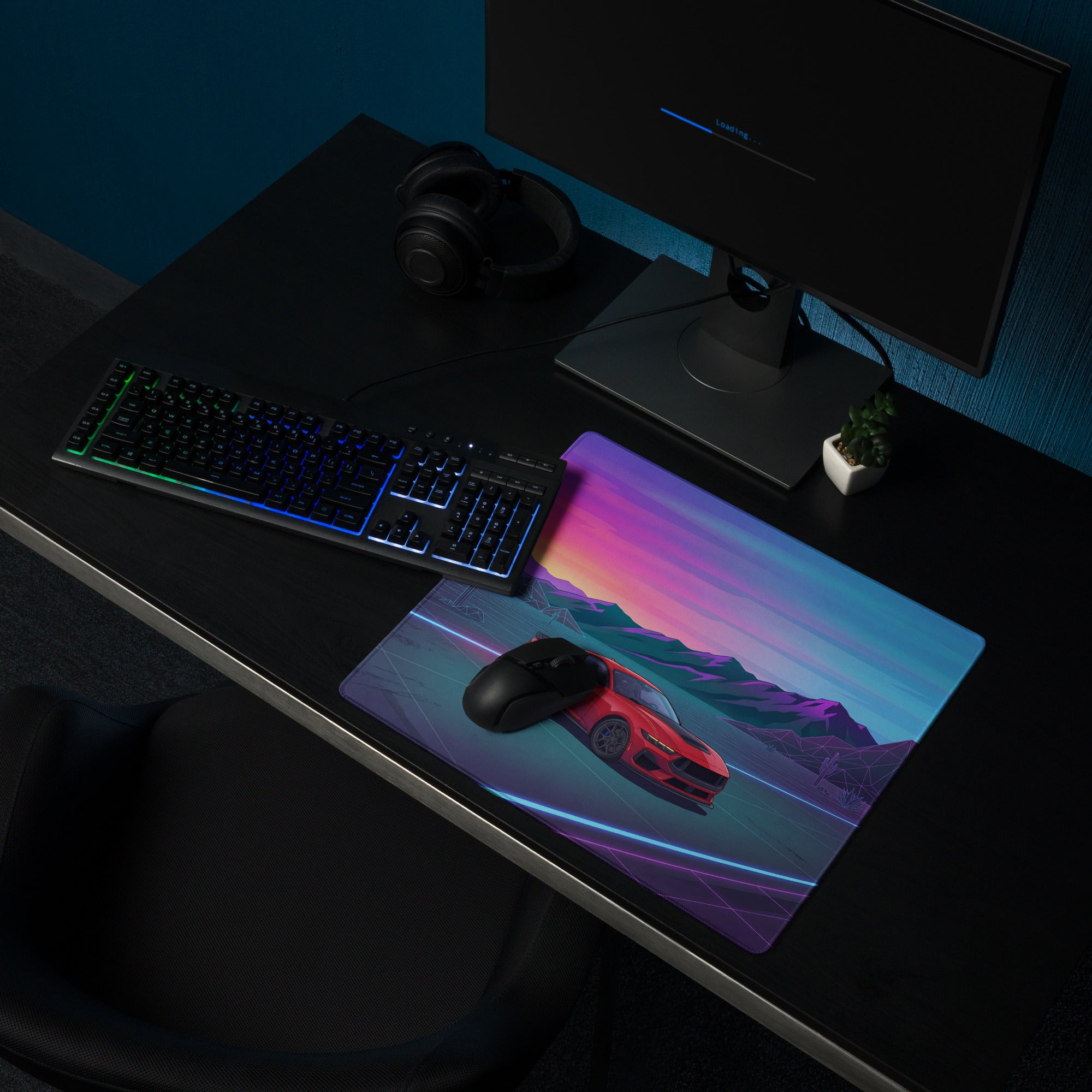 Ford Mustang Dark Horse Inspired Red Vaporwave Gaming Mouse Pad – Neon Blue Desert Highway Desk Mat with Retro Futuristic Mountains and Synthwave Art