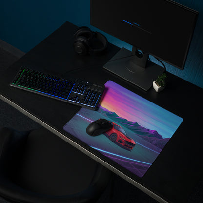 Ford Mustang Dark Horse Inspired Red Vaporwave Gaming Mouse Pad – Neon Blue Desert Highway Desk Mat with Retro Futuristic Mountains and Synthwave Art