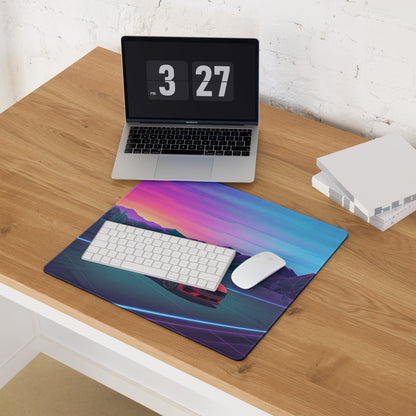 Ford Mustang Dark Horse Inspired Red Vaporwave Gaming Mouse Pad – Neon Blue Desert Highway Desk Mat with Retro Futuristic Mountains and Synthwave Art