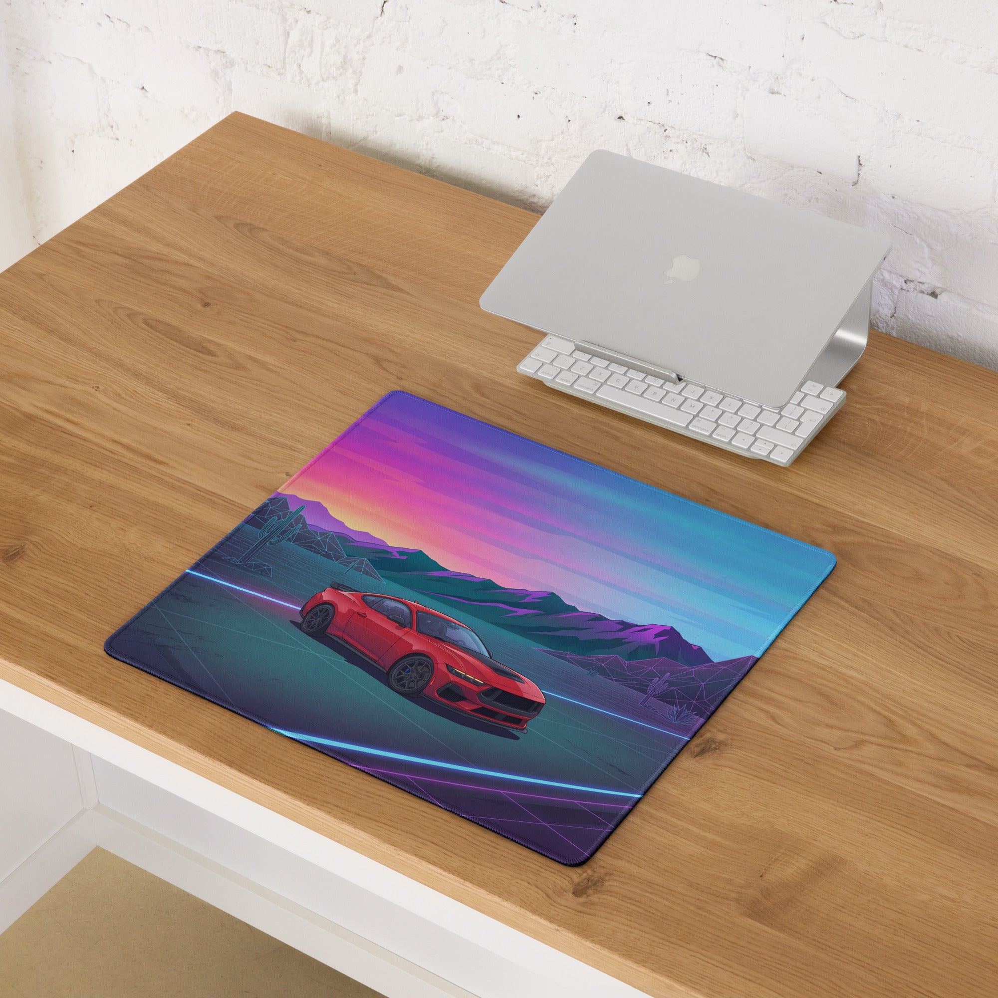 Ford Mustang Dark Horse Inspired Red Vaporwave Gaming Mouse Pad – Neon Blue Desert Highway Desk Mat with Retro Futuristic Mountains and Synthwave Art