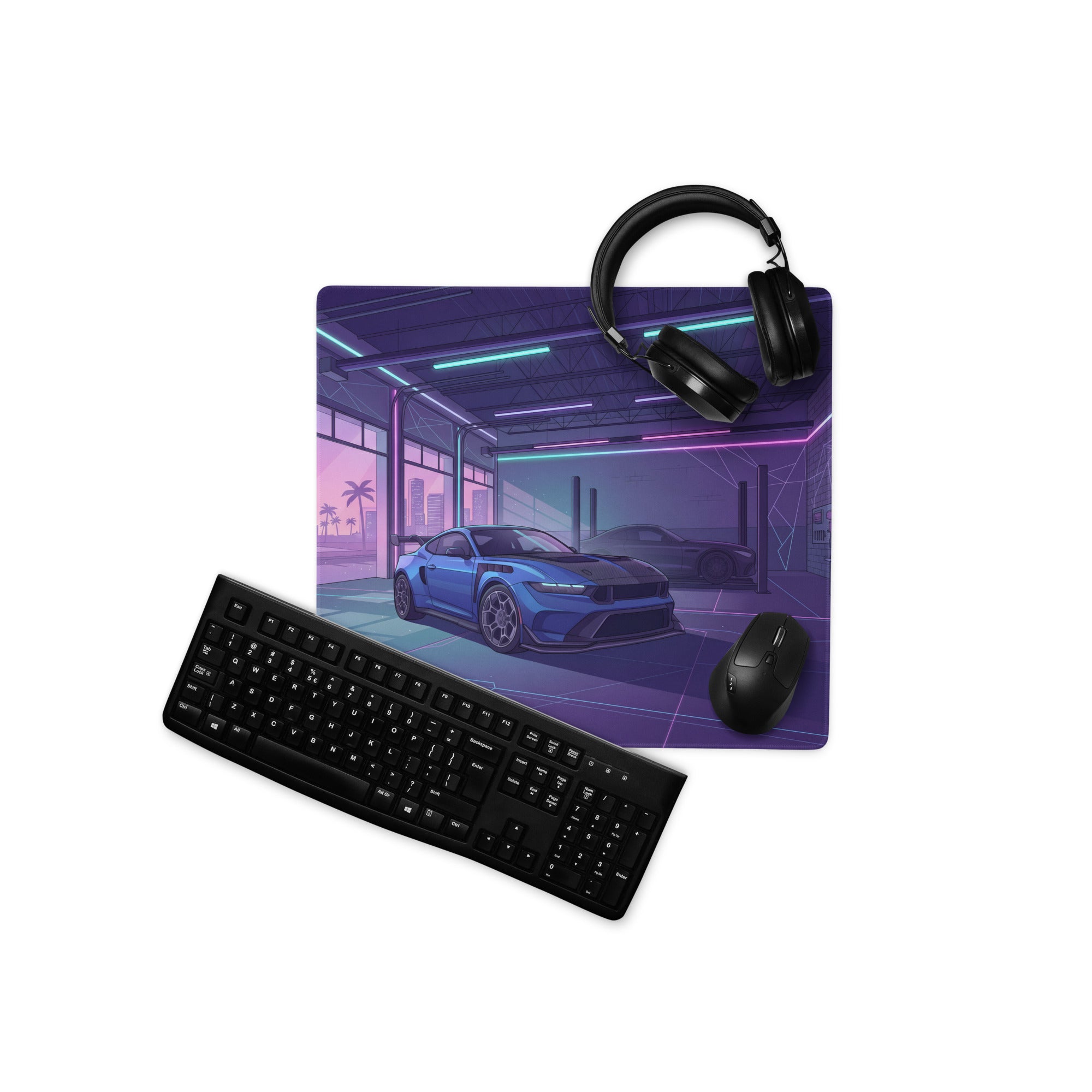 Ford Mustang GTD Inspired Blue Vaporwave Gaming Mouse Pad – Neon Purple Performance Garage Desk Mat with Retro Futuristic Palm Trees and Synthwave Art