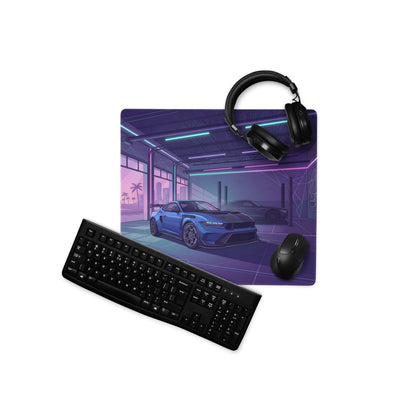 Ford Mustang GTD Inspired Blue Vaporwave Gaming Mouse Pad – Neon Purple Performance Garage Desk Mat with Retro Futuristic Palm Trees and Synthwave Art