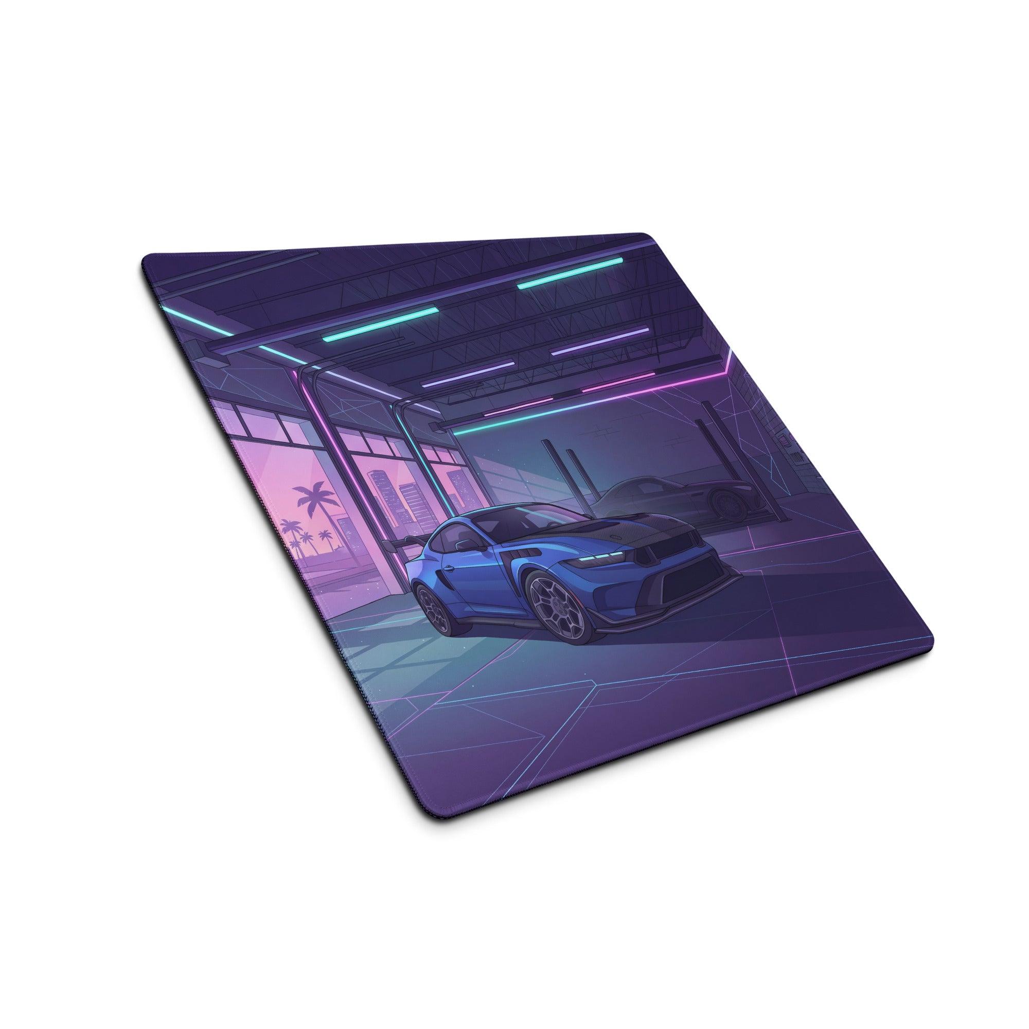 Ford Mustang GTD Inspired Blue Vaporwave Gaming Mouse Pad – Neon Purple Performance Garage Desk Mat with Retro Futuristic Palm Trees and Synthwave Art