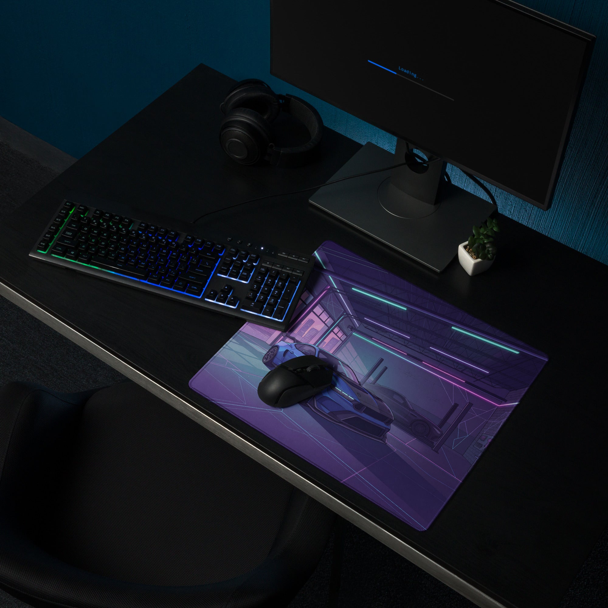 Ford Mustang GTD Inspired Blue Vaporwave Gaming Mouse Pad – Neon Purple Performance Garage Desk Mat with Retro Futuristic Palm Trees and Synthwave Art