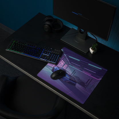 Ford Mustang GTD Inspired Blue Vaporwave Gaming Mouse Pad – Neon Purple Performance Garage Desk Mat with Retro Futuristic Palm Trees and Synthwave Art