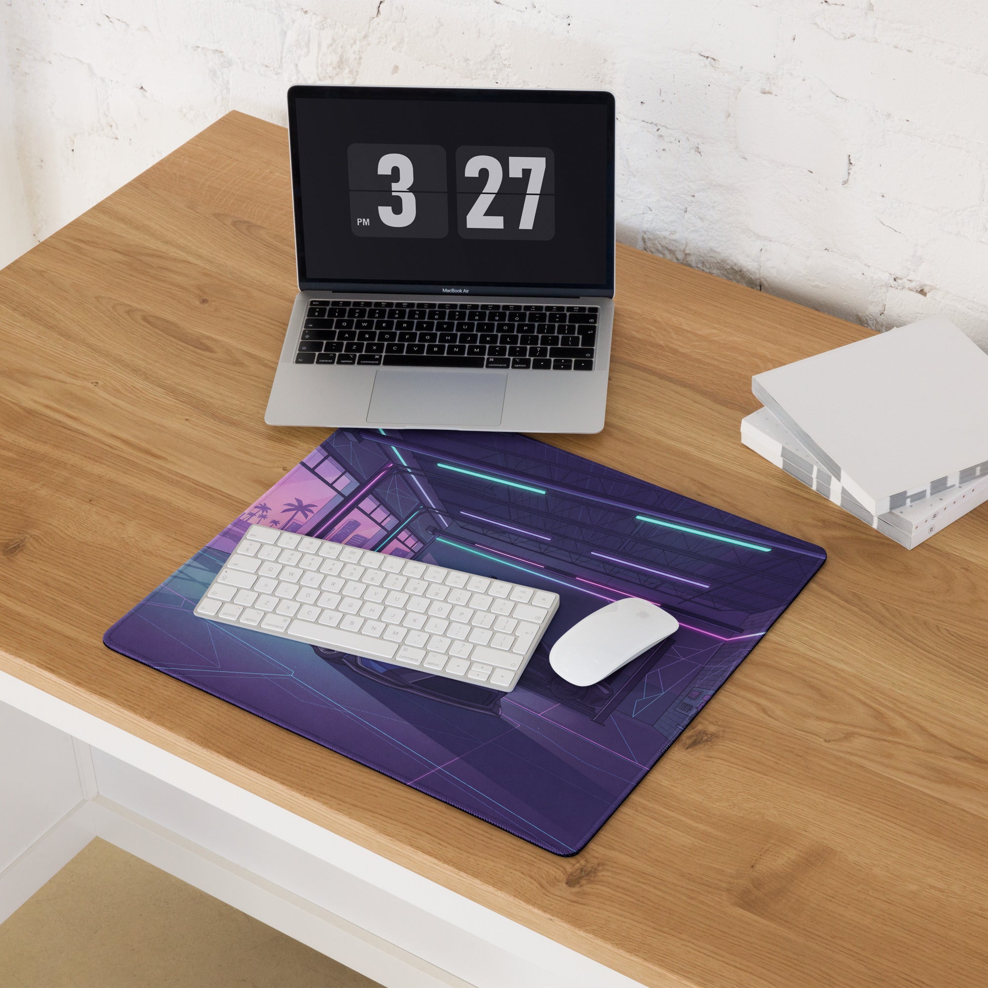 Ford Mustang GTD Inspired Blue Vaporwave Gaming Mouse Pad – Neon Purple Performance Garage Desk Mat with Retro Futuristic Palm Trees and Synthwave Art