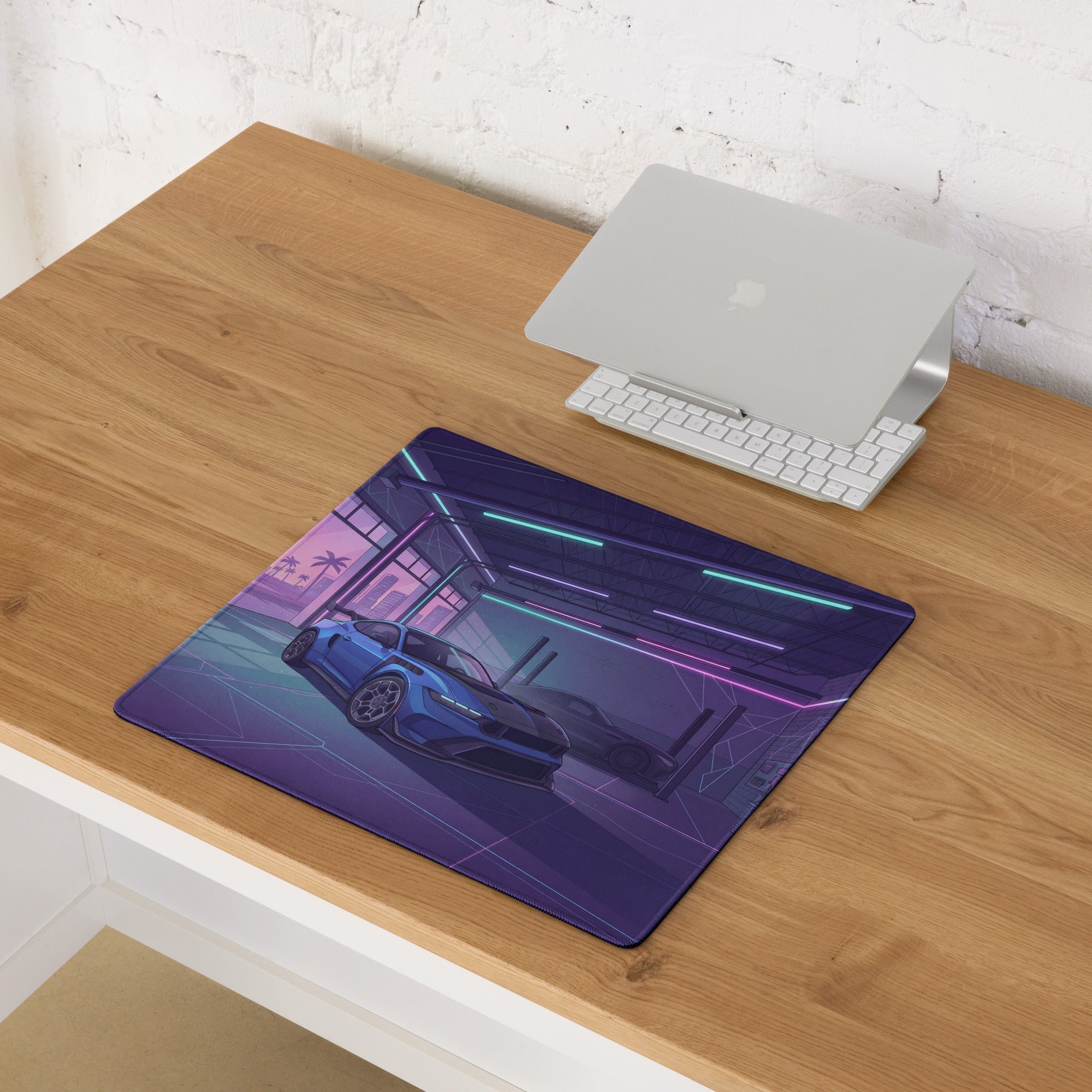 Ford Mustang GTD Inspired Blue Vaporwave Gaming Mouse Pad – Neon Purple Performance Garage Desk Mat with Retro Futuristic Palm Trees and Synthwave Art
