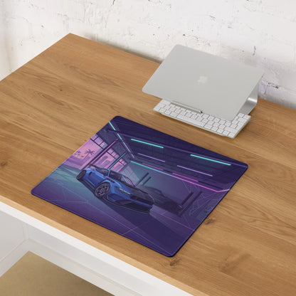 Ford Mustang GTD Inspired Blue Vaporwave Gaming Mouse Pad – Neon Purple Performance Garage Desk Mat with Retro Futuristic Palm Trees and Synthwave Art