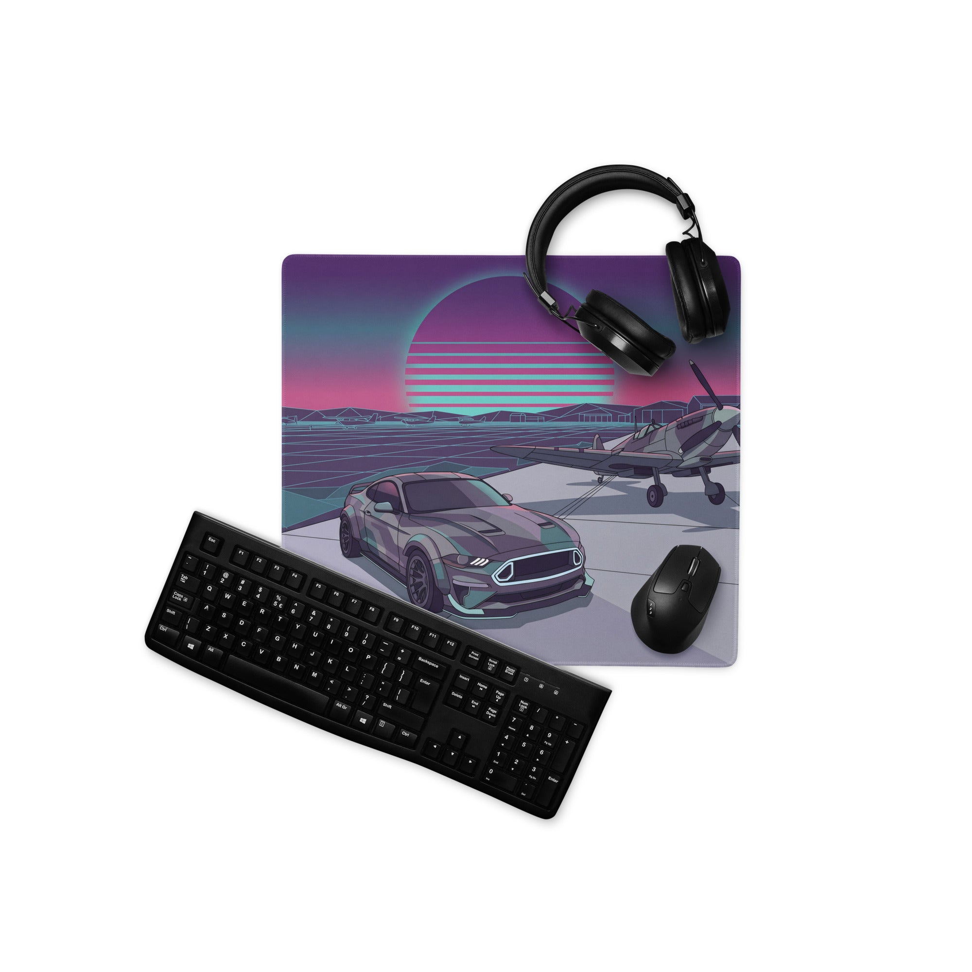 Ford Mustang GT Inspired Gray Vaporwave Gaming Mouse Pad – Retro Futuristic Airfield Desk Mat with Fighter Plane, Neon Sunset and Synthwave Art