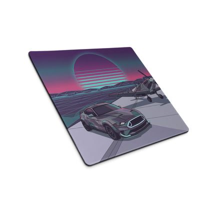 Ford Mustang GT Inspired Gray Vaporwave Gaming Mouse Pad – Retro Futuristic Airfield Desk Mat with Fighter Plane, Neon Sunset and Synthwave Art