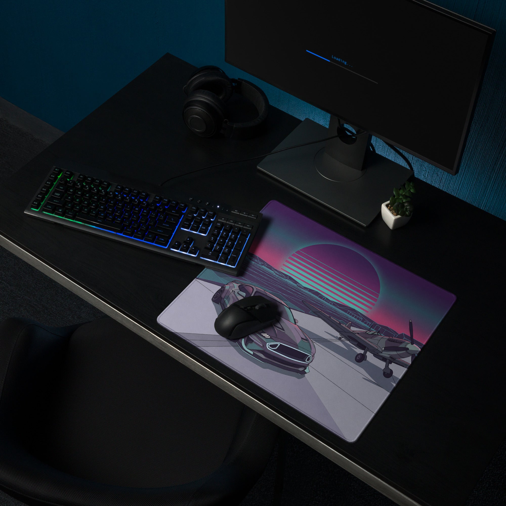 Ford Mustang GT Inspired Gray Vaporwave Gaming Mouse Pad – Retro Futuristic Airfield Desk Mat with Fighter Plane, Neon Sunset and Synthwave Art