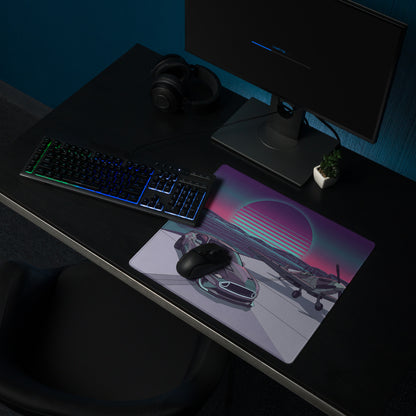 Ford Mustang GT Inspired Gray Vaporwave Gaming Mouse Pad – Retro Futuristic Airfield Desk Mat with Fighter Plane, Neon Sunset and Synthwave Art