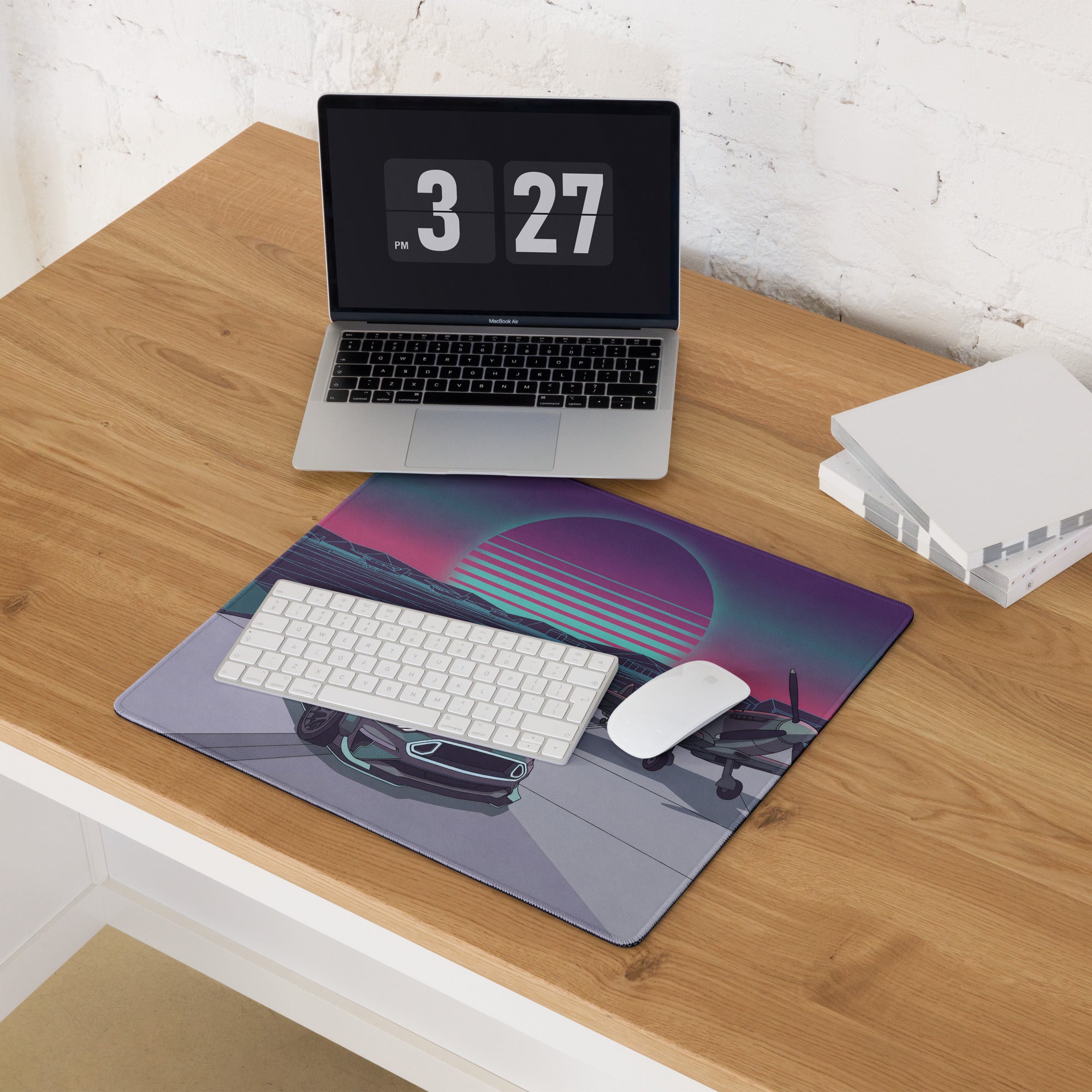 Ford Mustang GT Inspired Gray Vaporwave Gaming Mouse Pad – Retro Futuristic Airfield Desk Mat with Fighter Plane, Neon Sunset and Synthwave Art