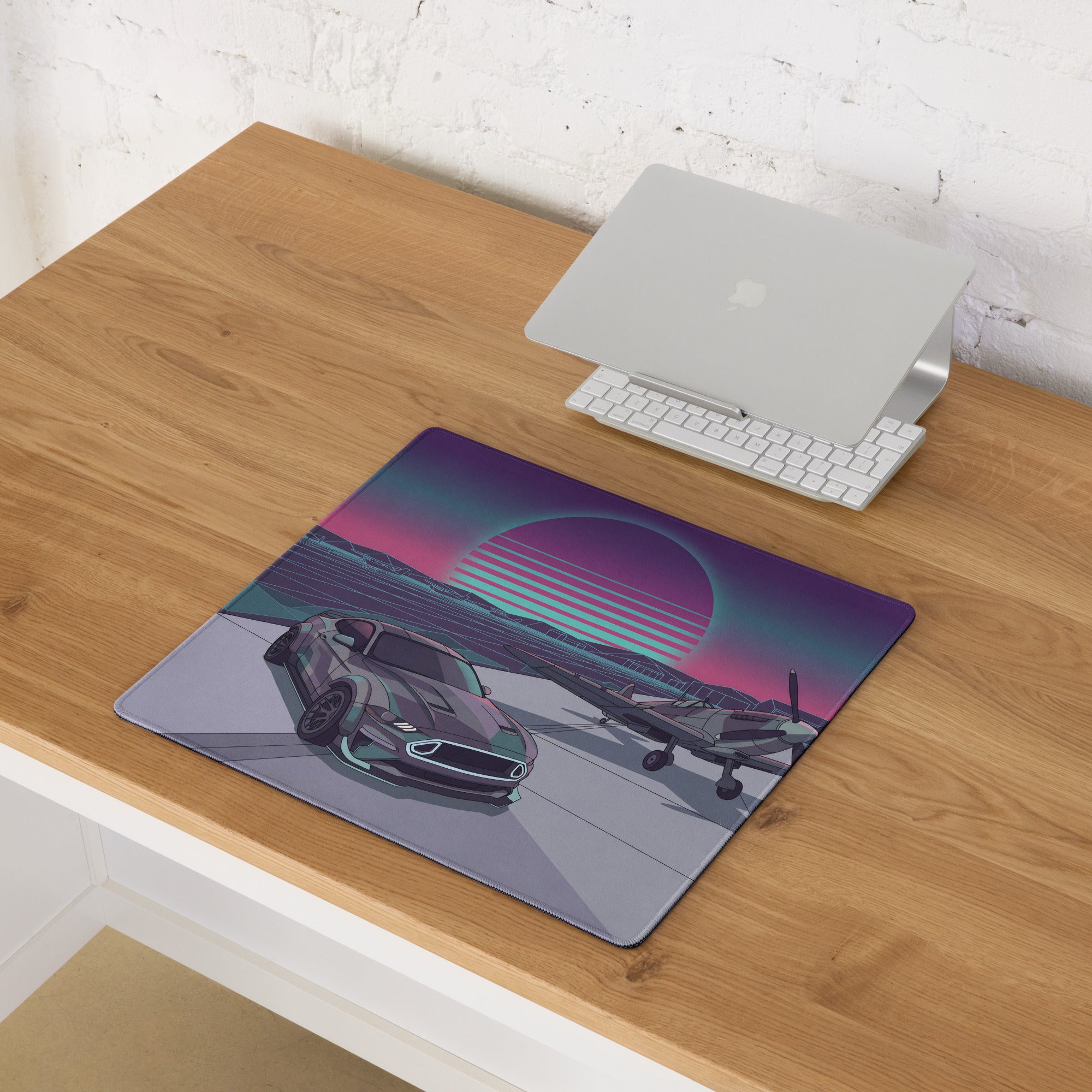 Ford Mustang GT Inspired Gray Vaporwave Gaming Mouse Pad – Retro Futuristic Airfield Desk Mat with Fighter Plane, Neon Sunset and Synthwave Art