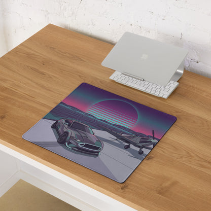 Ford Mustang GT Inspired Gray Vaporwave Gaming Mouse Pad – Retro Futuristic Airfield Desk Mat with Fighter Plane, Neon Sunset and Synthwave Art