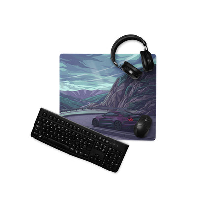 Ford Mustang Shelby GT350 Inspired Purple Vaporwave Gaming Mouse Pad – Moody Mountain Pass Desk Mat with Teal Highlights and Retro Scenic Road Art