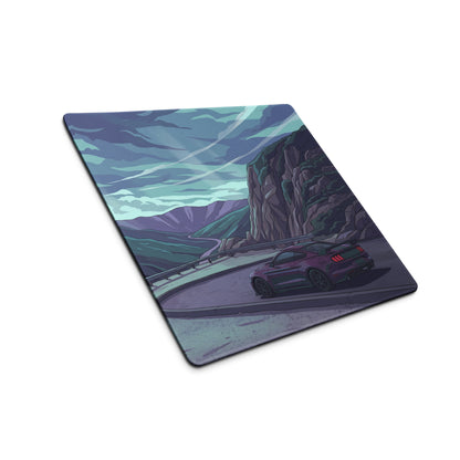 Ford Mustang Shelby GT350 Inspired Purple Vaporwave Gaming Mouse Pad – Moody Mountain Pass Desk Mat with Teal Highlights and Retro Scenic Road Art