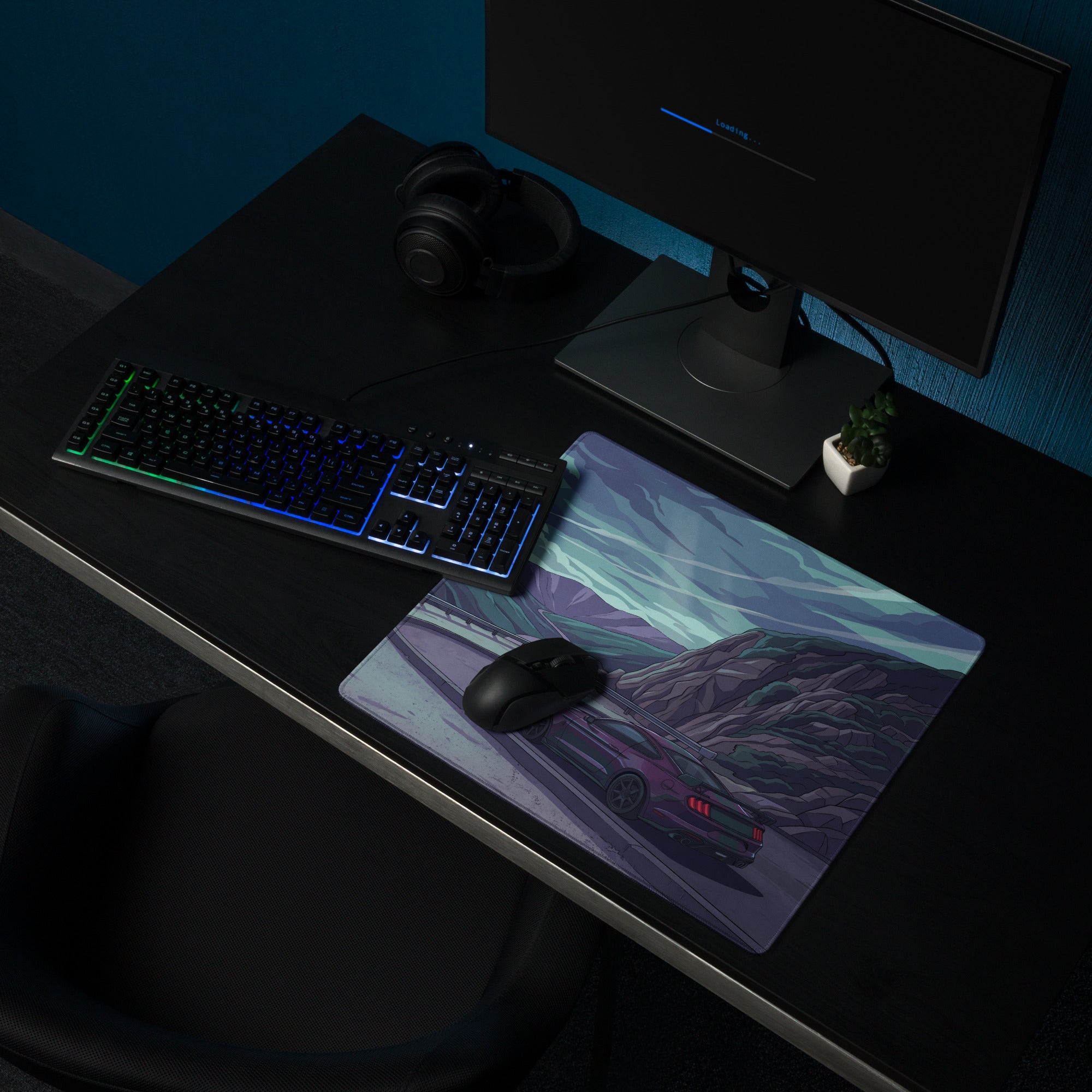 Ford Mustang Shelby GT350 Inspired Purple Vaporwave Gaming Mouse Pad – Moody Mountain Pass Desk Mat with Teal Highlights and Retro Scenic Road Art