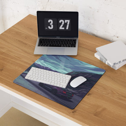 Ford Mustang Shelby GT350 Inspired Purple Vaporwave Gaming Mouse Pad – Moody Mountain Pass Desk Mat with Teal Highlights and Retro Scenic Road Art