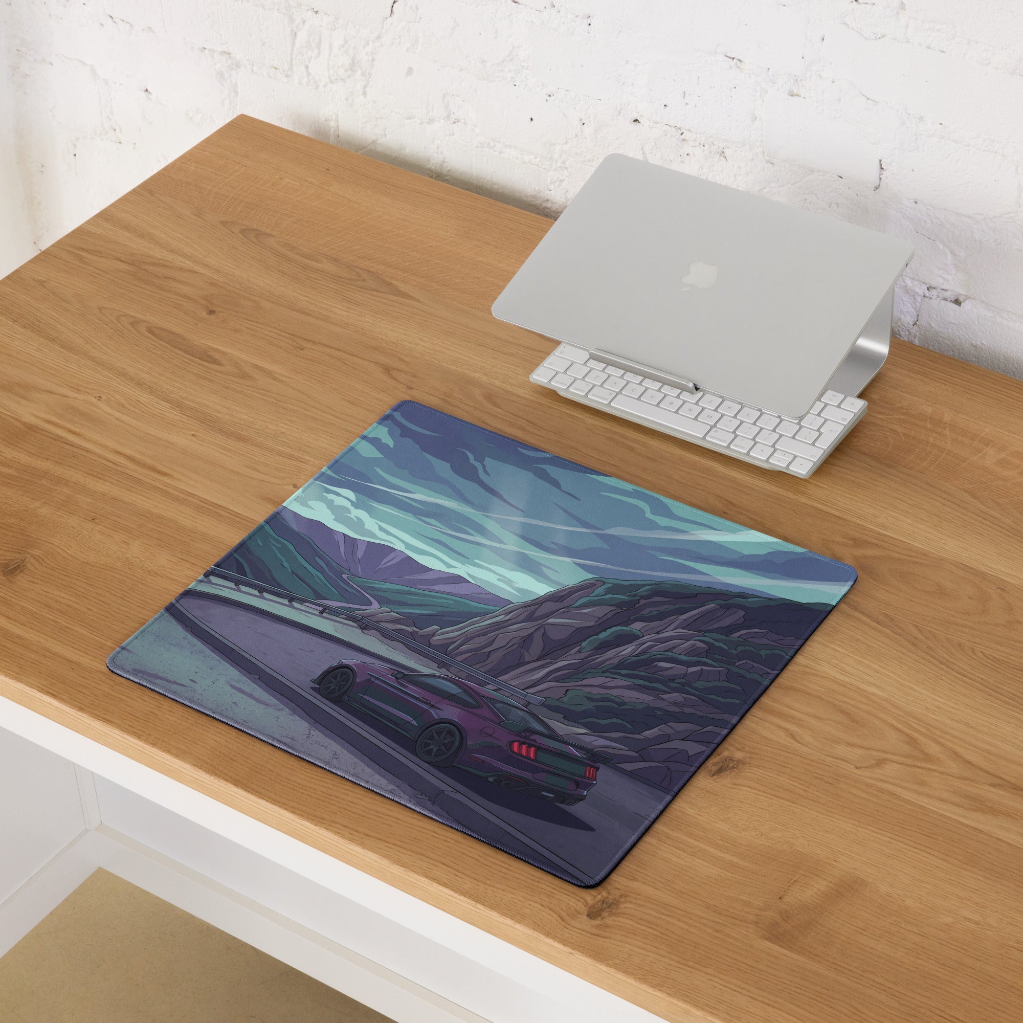 Ford Mustang Shelby GT350 Inspired Purple Vaporwave Gaming Mouse Pad – Moody Mountain Pass Desk Mat with Teal Highlights and Retro Scenic Road Art