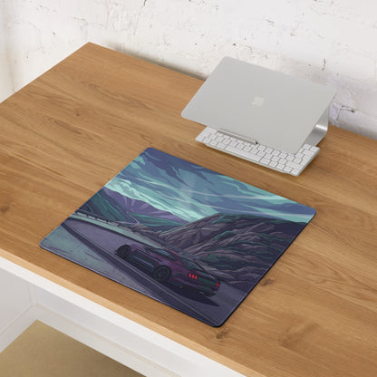 Ford Mustang Shelby GT350 Inspired Purple Vaporwave Gaming Mouse Pad – Moody Mountain Pass Desk Mat with Teal Highlights and Retro Scenic Road Art