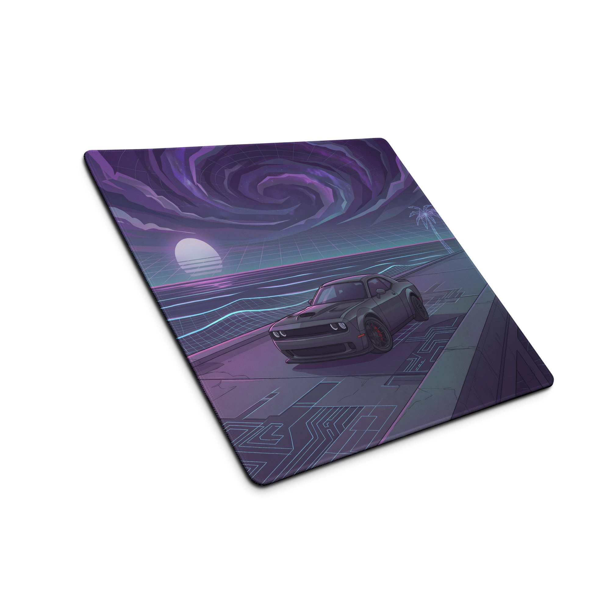 Dodge Challenger SRT Hellcat Inspired Gray Vaporwave Gaming Mouse Pad – Purple Cosmic Highway Desk Mat with Neon Grid Ocean and Retro Futuristic Art
