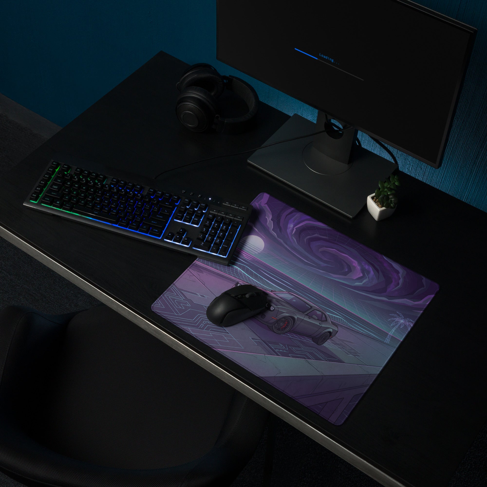 Dodge Challenger SRT Hellcat Inspired Gray Vaporwave Gaming Mouse Pad – Purple Cosmic Highway Desk Mat with Neon Grid Ocean and Retro Futuristic Art