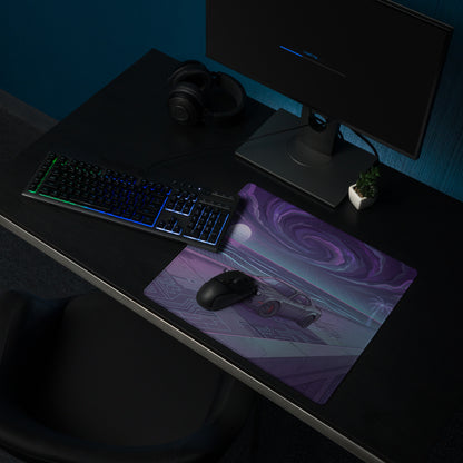 Dodge Challenger SRT Hellcat Inspired Gray Vaporwave Gaming Mouse Pad – Purple Cosmic Highway Desk Mat with Neon Grid Ocean and Retro Futuristic Art