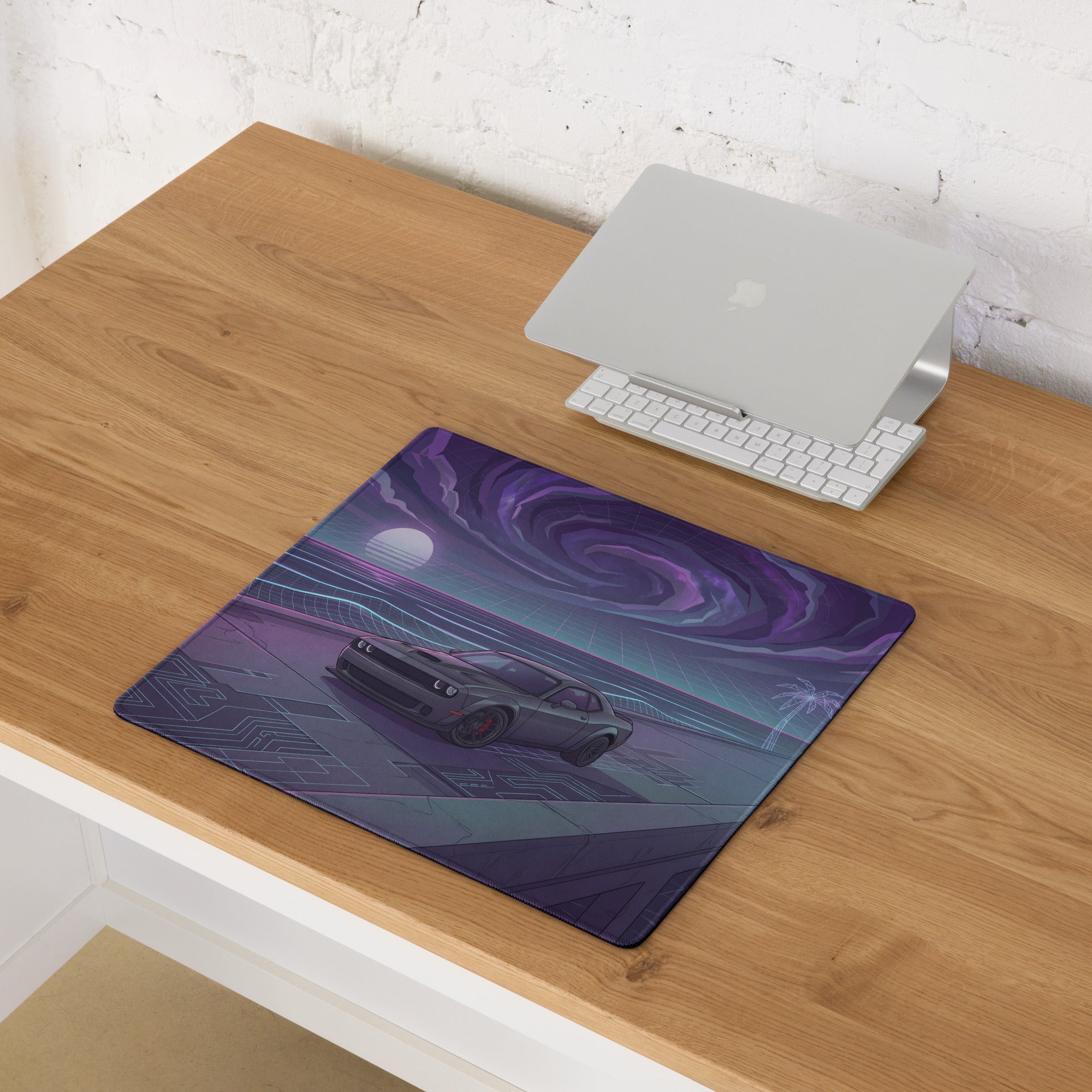 Dodge Challenger SRT Hellcat Inspired Gray Vaporwave Gaming Mouse Pad – Purple Cosmic Highway Desk Mat with Neon Grid Ocean and Retro Futuristic Art