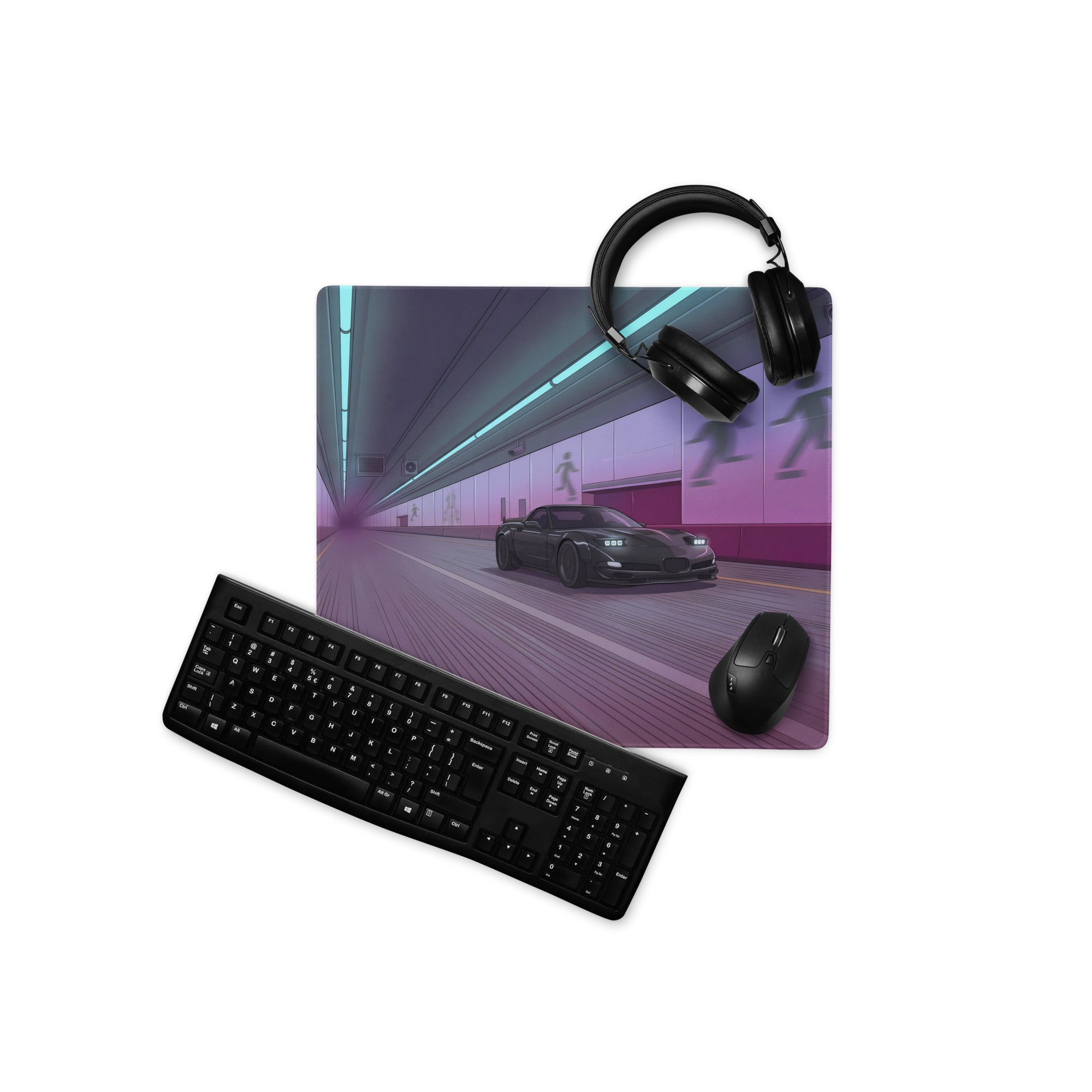 Chevrolet Corvette C5 Z06 Inspired Black Vaporwave Gaming Mouse Pad – Neon Purple Futuristic Tunnel Desk Mat with Cyberpunk Motion Art