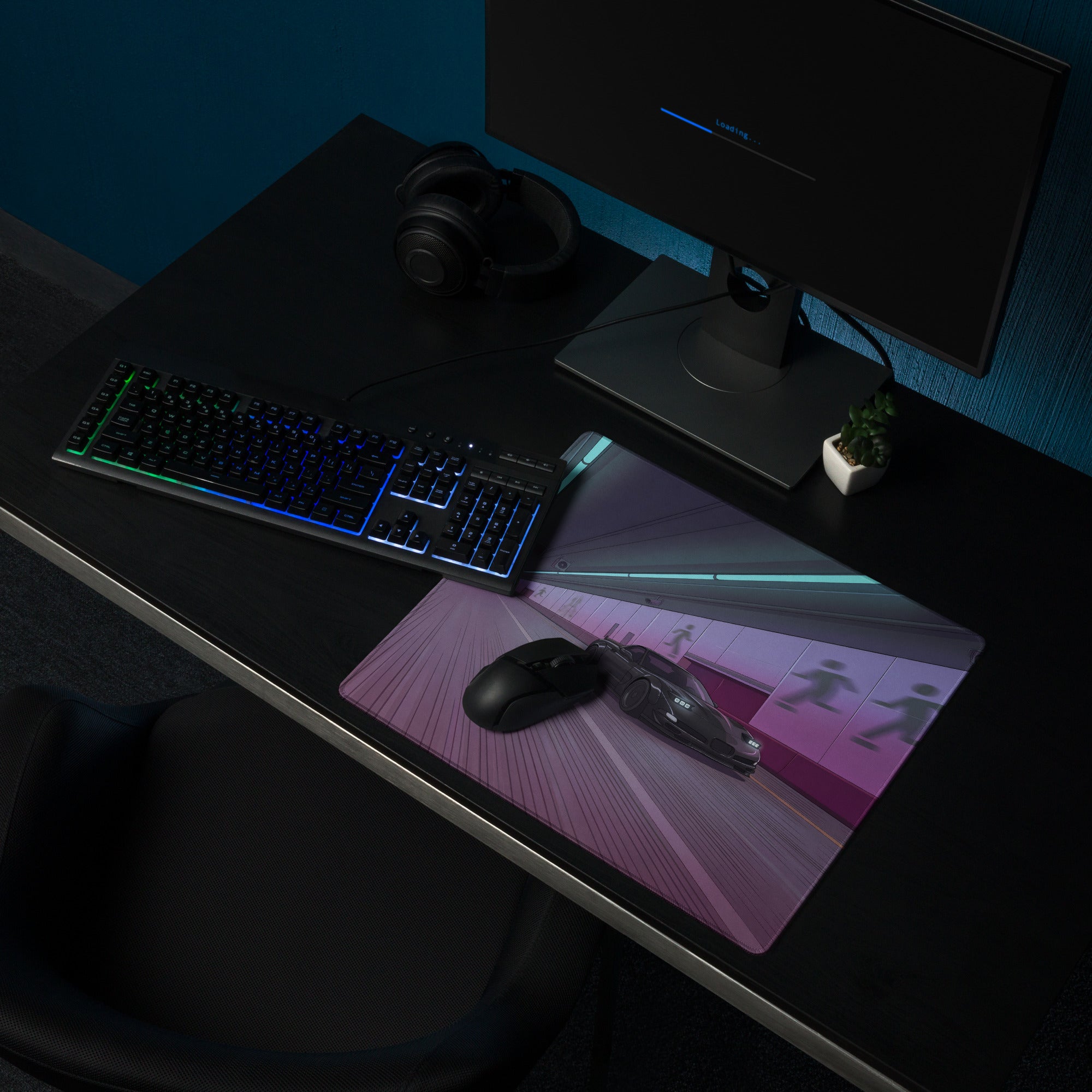 Chevrolet Corvette C5 Z06 Inspired Black Vaporwave Gaming Mouse Pad – Neon Purple Futuristic Tunnel Desk Mat with Cyberpunk Motion Art