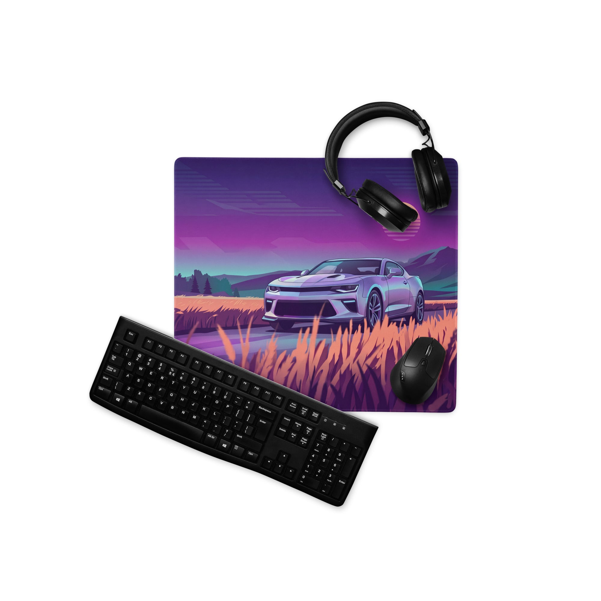 Chevrolet Camaro SS Inspired White Vaporwave Gaming Mouse Pad – Purple Sunset Country Road Desk Mat with Golden Fields and Retro Mountain Art