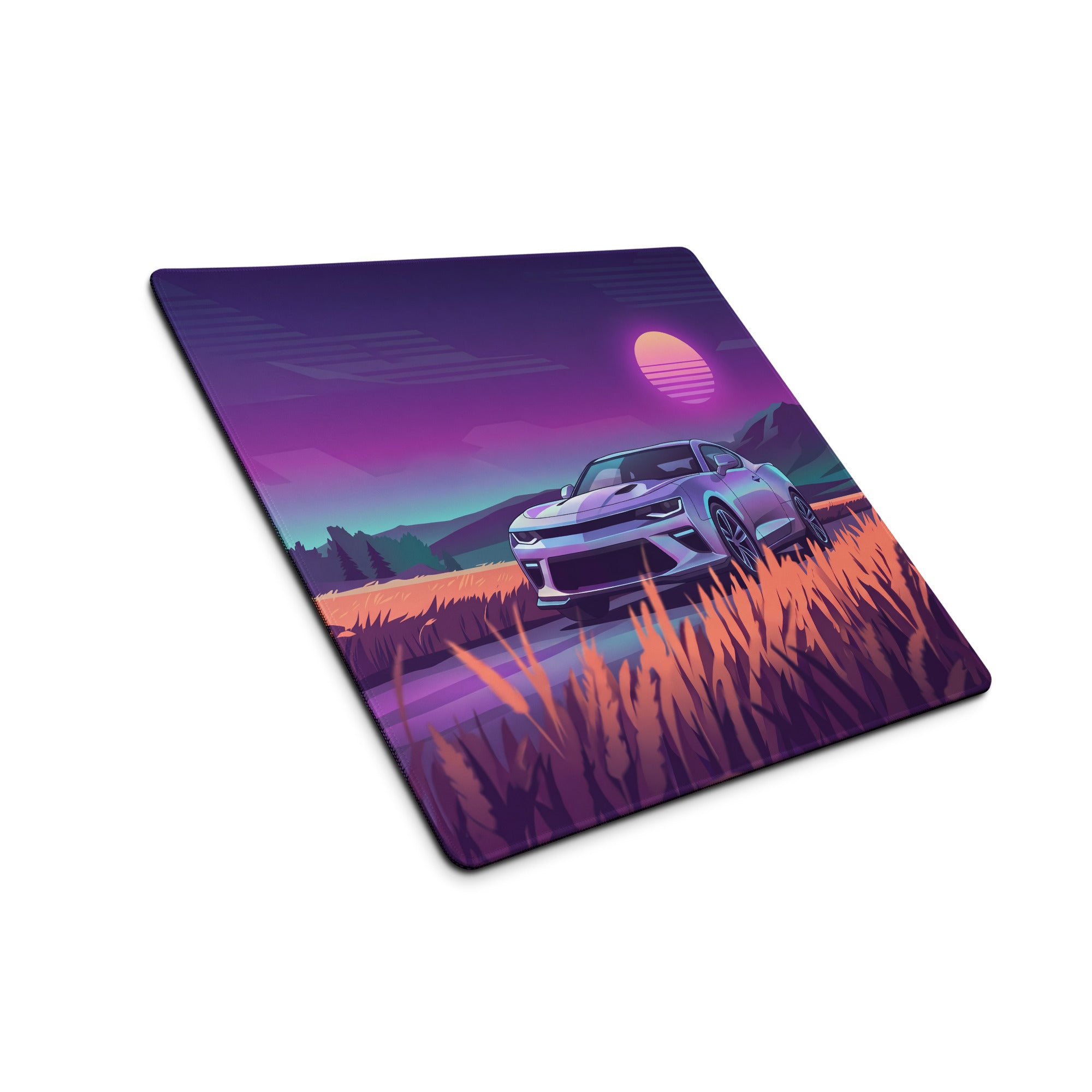 Chevrolet Camaro SS Inspired White Vaporwave Gaming Mouse Pad – Purple Sunset Country Road Desk Mat with Golden Fields and Retro Mountain Art