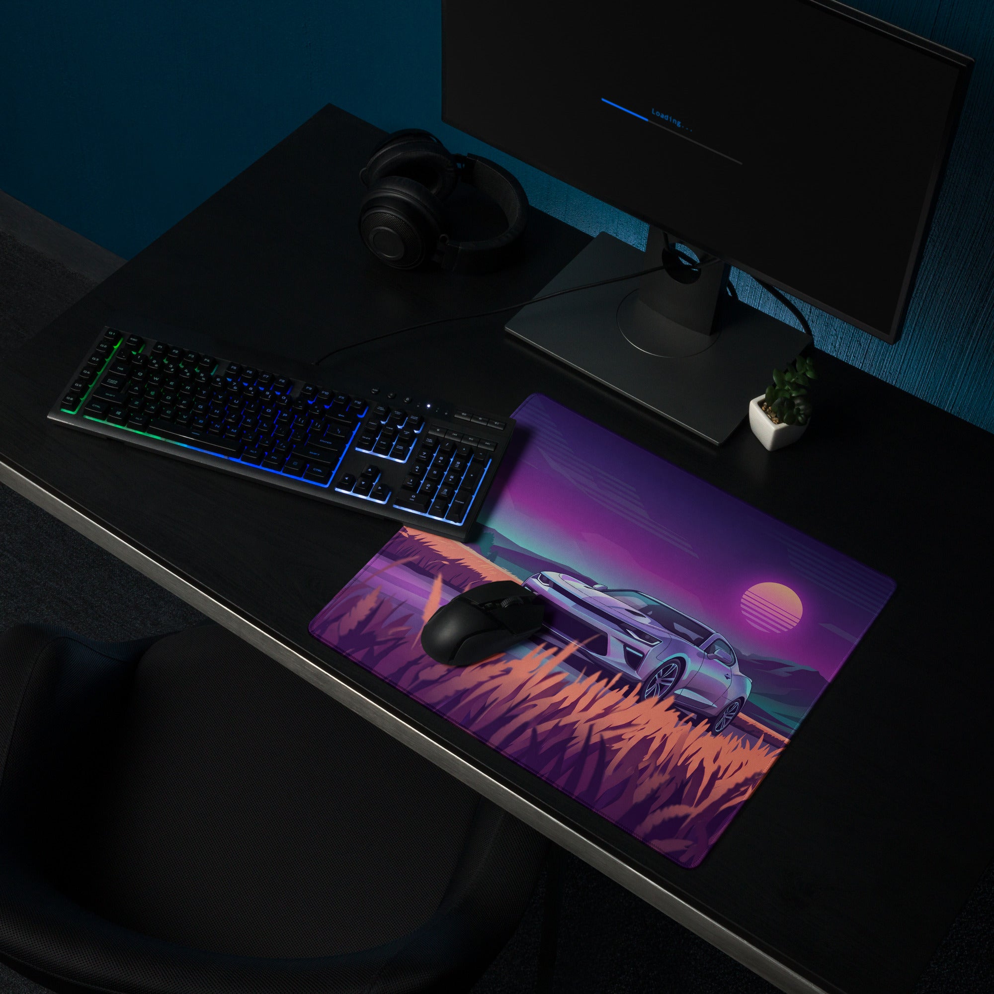 Chevrolet Camaro SS Inspired White Vaporwave Gaming Mouse Pad – Purple Sunset Country Road Desk Mat with Golden Fields and Retro Mountain Art