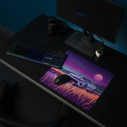 Chevrolet Camaro SS Inspired White Vaporwave Gaming Mouse Pad – Purple Sunset Country Road Desk Mat with Golden Fields and Retro Mountain Art
