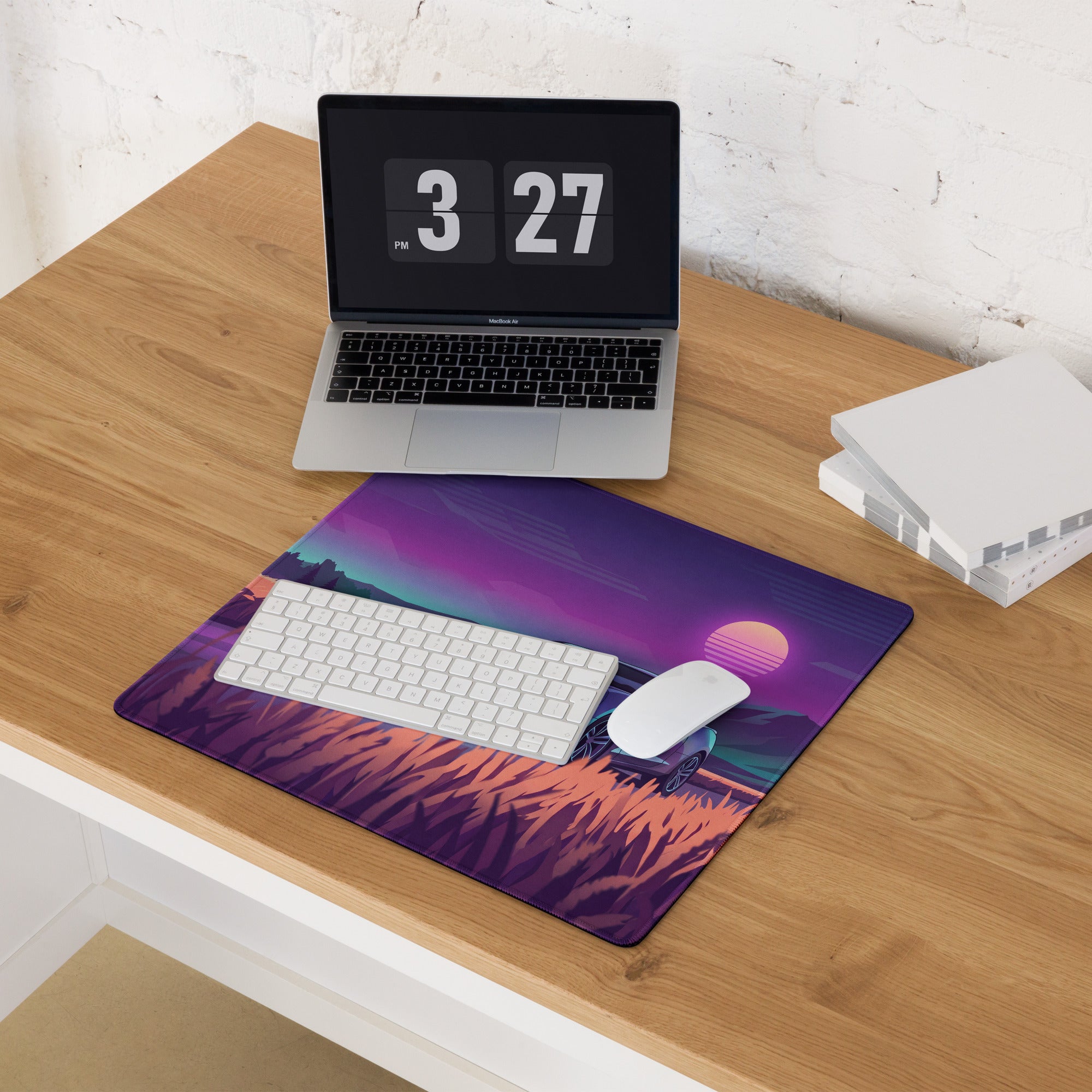 Chevrolet Camaro SS Inspired White Vaporwave Gaming Mouse Pad – Purple Sunset Country Road Desk Mat with Golden Fields and Retro Mountain Art