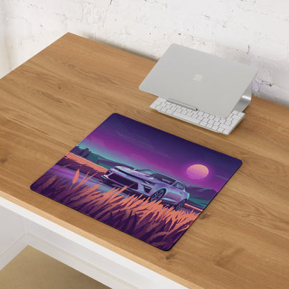 Chevrolet Camaro SS Inspired White Vaporwave Gaming Mouse Pad – Purple Sunset Country Road Desk Mat with Golden Fields and Retro Mountain Art