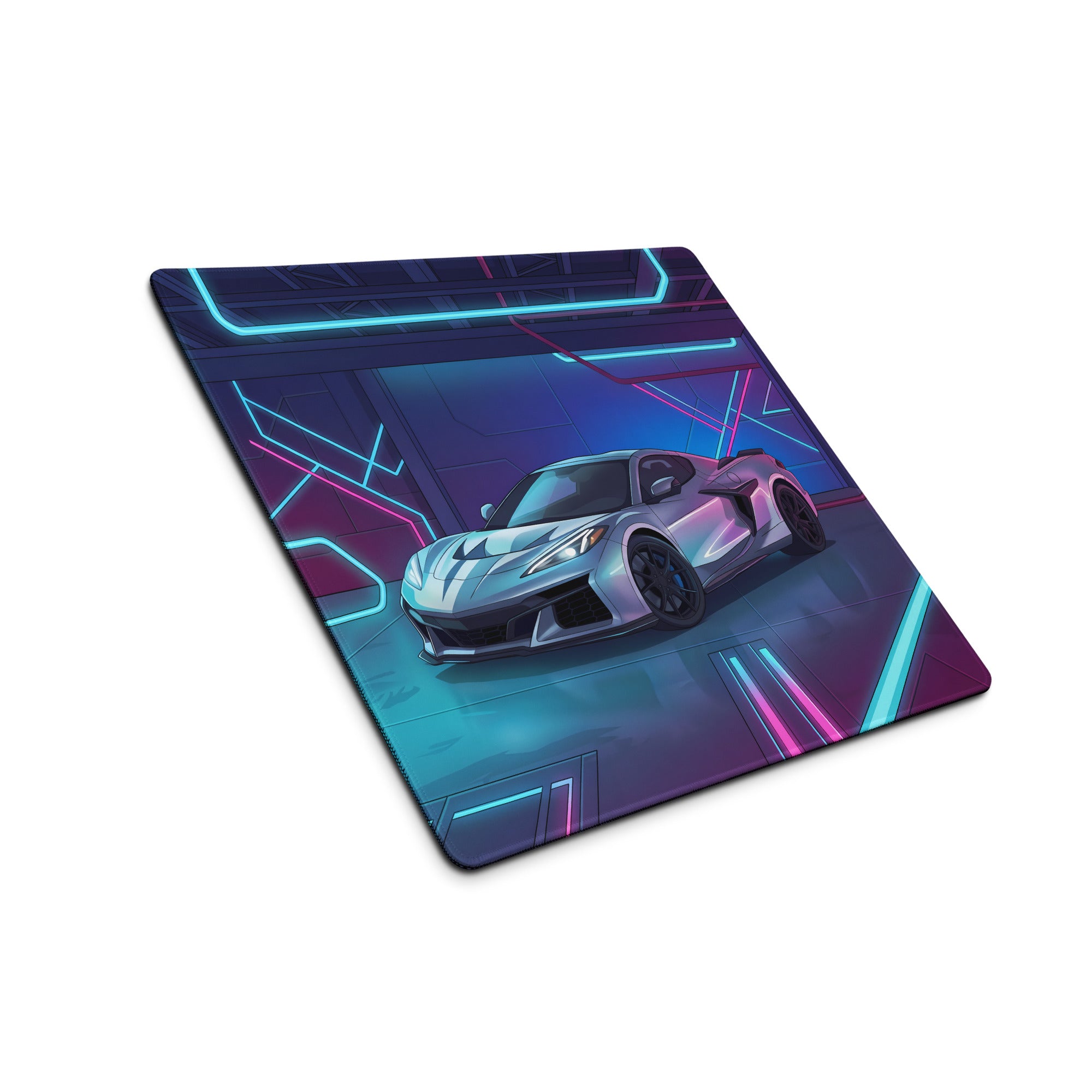 Chevrolet Corvette C8 Z06 Inspired Silver Vaporwave Gaming Mouse Pad – Neon Blue Pink Futuristic Garage Desk Mat with Cyberpunk Automotive Art