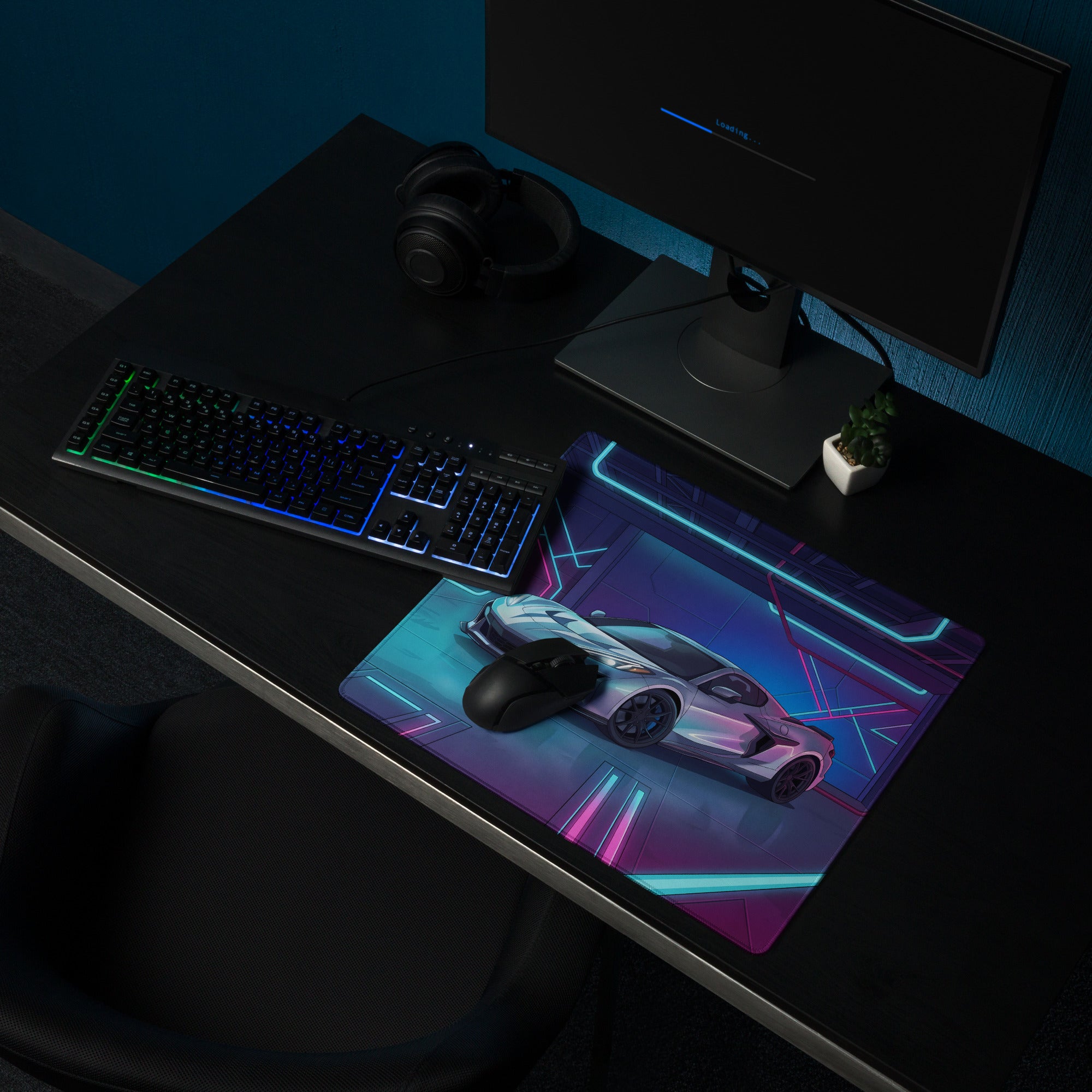 Chevrolet Corvette C8 Z06 Inspired Silver Vaporwave Gaming Mouse Pad – Neon Blue Pink Futuristic Garage Desk Mat with Cyberpunk Automotive Art