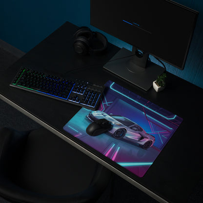 Chevrolet Corvette C8 Z06 Inspired Silver Vaporwave Gaming Mouse Pad – Neon Blue Pink Futuristic Garage Desk Mat with Cyberpunk Automotive Art