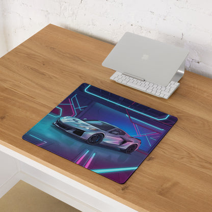 Chevrolet Corvette C8 Z06 Inspired Silver Vaporwave Gaming Mouse Pad – Neon Blue Pink Futuristic Garage Desk Mat with Cyberpunk Automotive Art