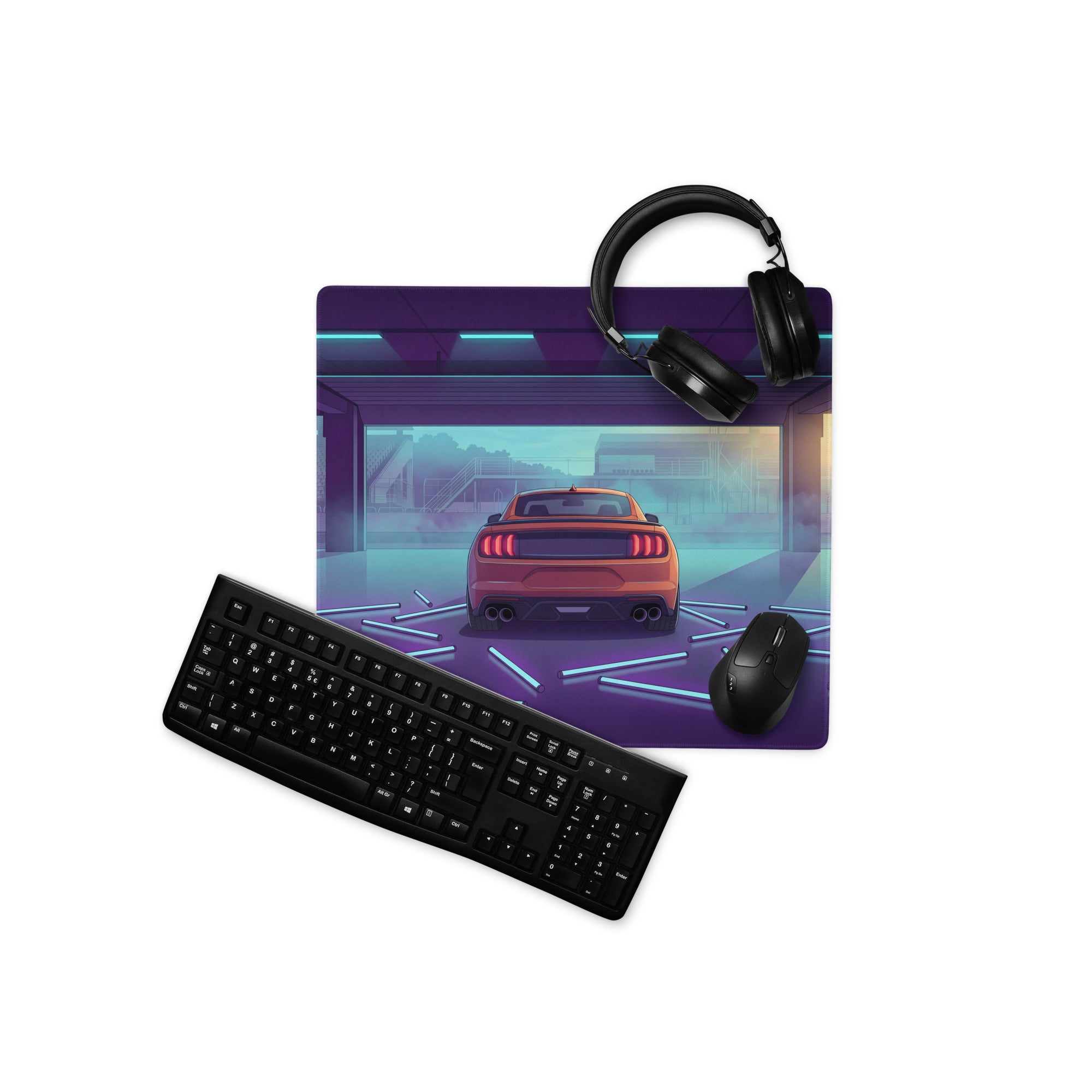 Ford Mustang Shelby GT500 Inspired Orange Vaporwave Gaming Mouse Pad – Neon Blue Purple Race Garage Desk Mat with Retro Futuristic Track Art